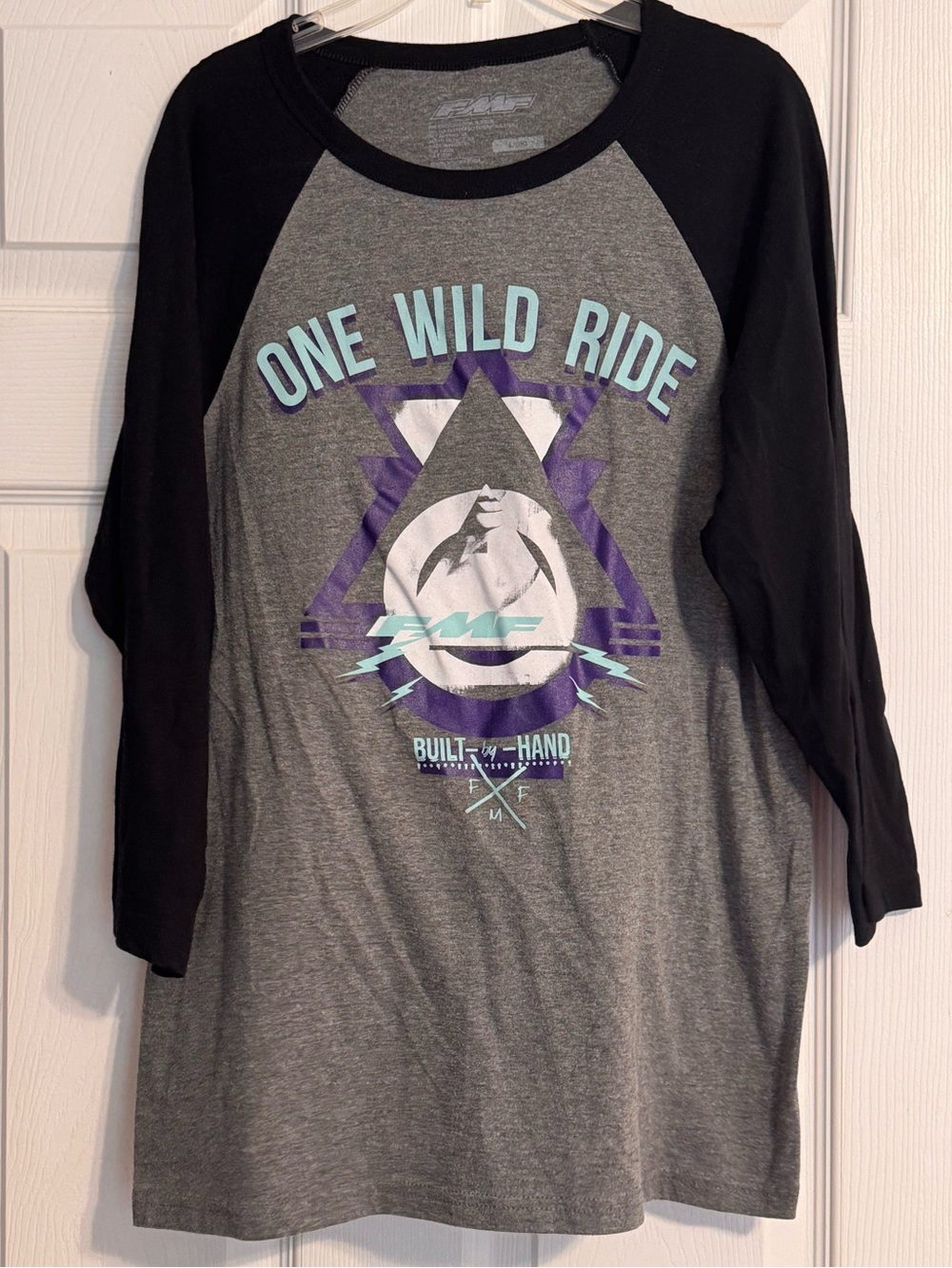 Women’s FMF One Wild Ride Black Gray Raglan 3/4 Sleeve Baseball T-shirt Sz Large